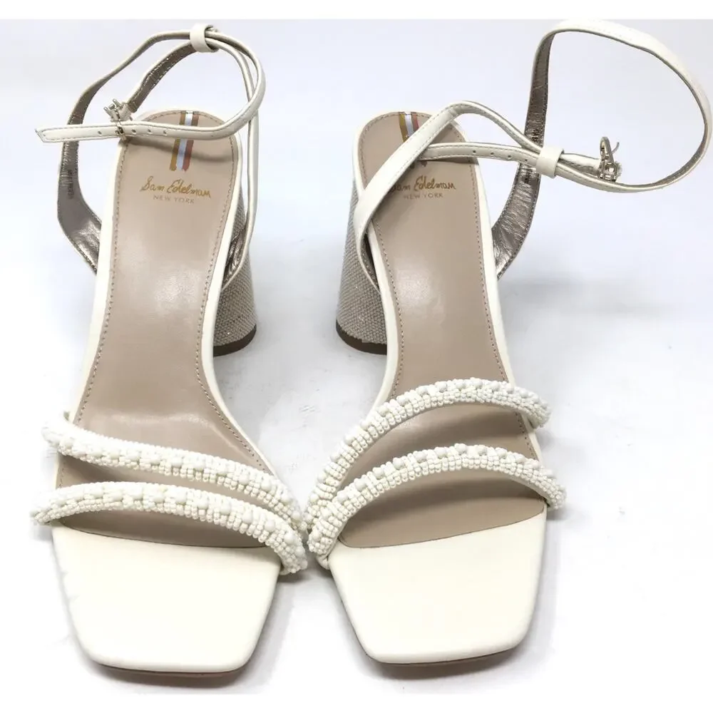 Sam Edelman Kia Beads Women's Size 9.5 Modern Ivory Ankle Strap Block Heels - Picture 4 of 7